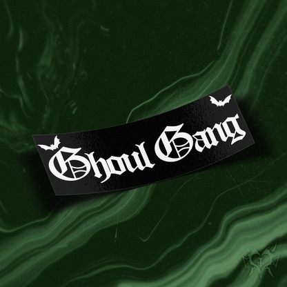 Ghoul Gang black slap sticker on dark green swirl store background, old english Ghoul Gang text with bats, Always Sick original GhoulGang design.