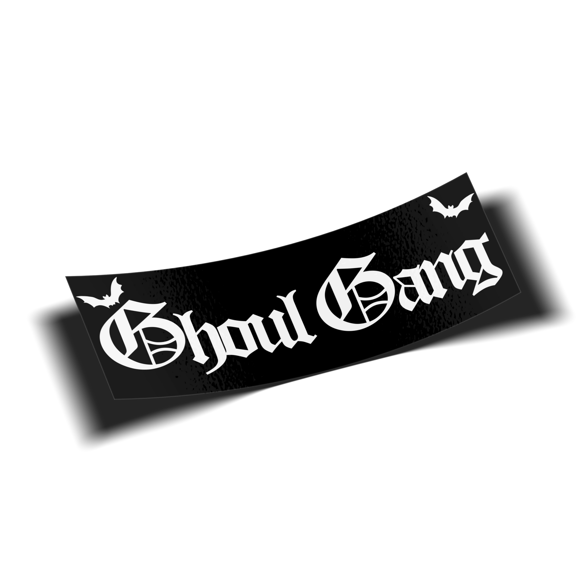 Ghoul Gang slap sticker on transparent background, black rectangular sticker with white old english lettering and bat silhouettes, Always Sick x Hailey Rose GhoulGang collab.
