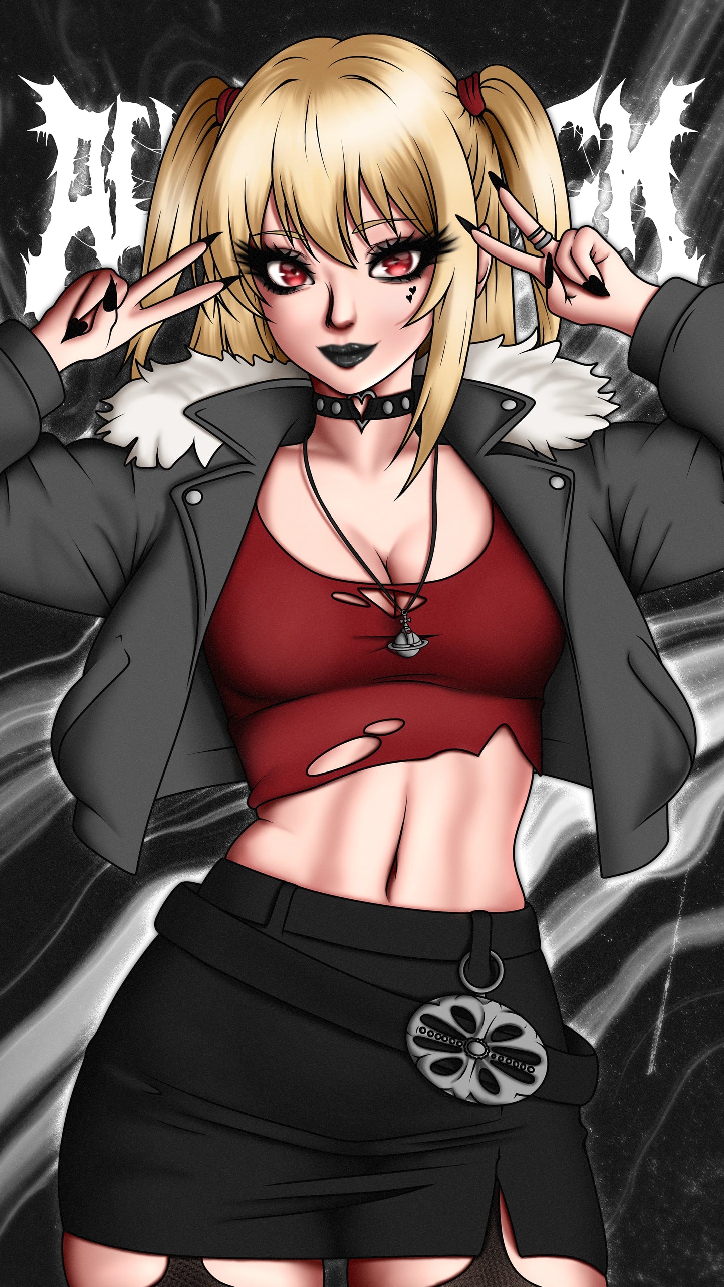 Misa Amane goth alt anime art, blonde twintails, red eyes and black lipstick, red crop top with grey jacket, Always Sick original design, Death Note.